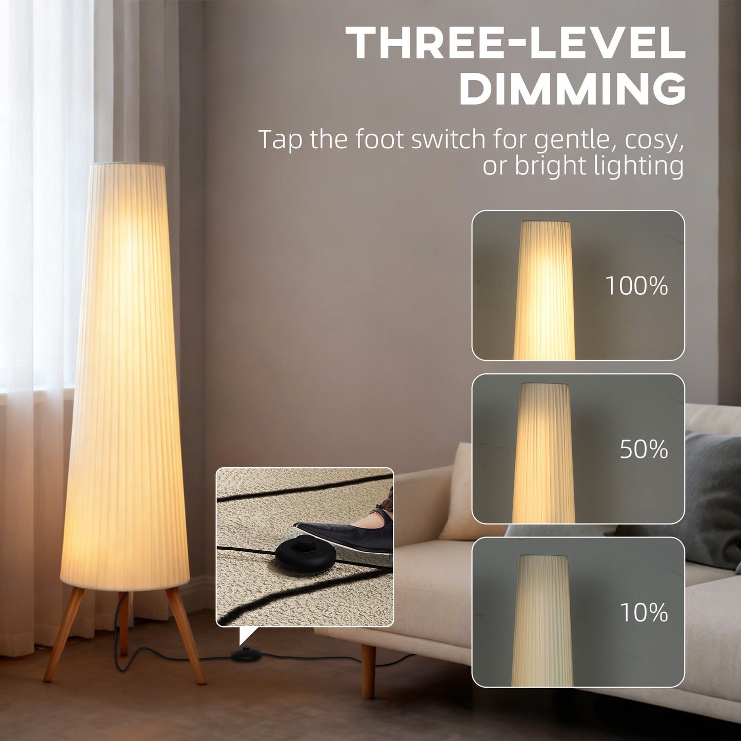 HOMCOM Dimmable Tripod Floor Lamp with Foot Switch, Nordic Standing Lamp with Fabric Shade, 153cm, White, White and Natural