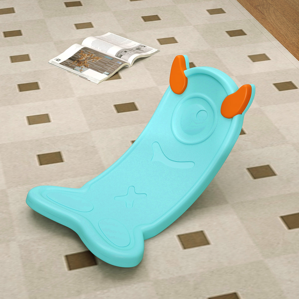 Light blue AIYAPLAY balance board with orange grips, shown from above
