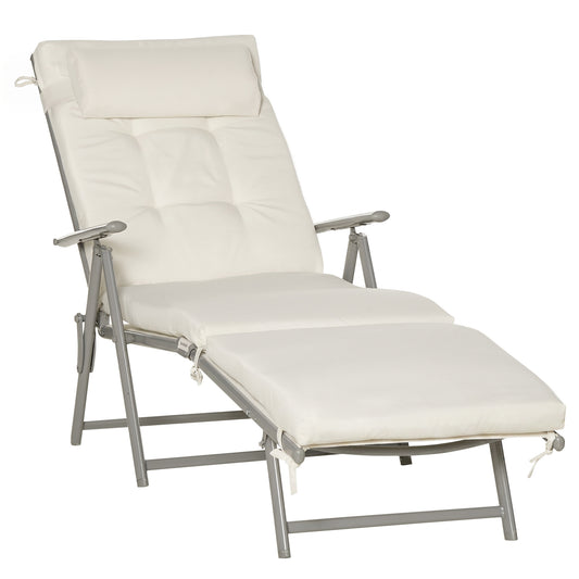 Photo of Outsunny Sun Lounger Steel Frame Outdoor Folding Chaise Texteline Lounge Chair Recliner with Headrest & 7 Levels Adjustable Backrest, Cream White in White colour on a white background