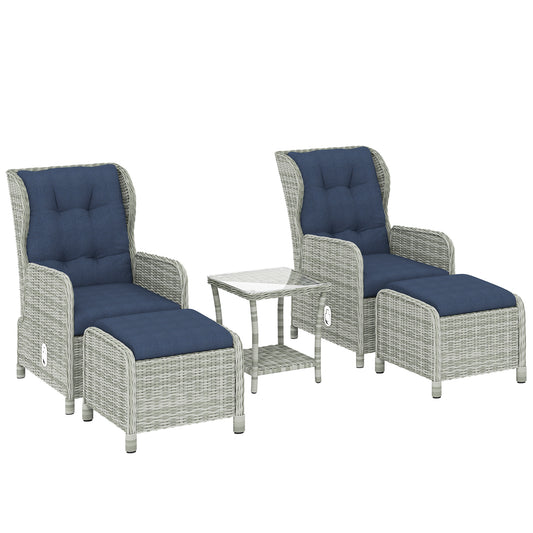 Photo of Outsunny 5 Piece Garden Furniture Set, Rattan Reclining Garden Chair Set of 2 with Footstool and Cushion for Balcony, Dark Blue in Blue colour on a white background