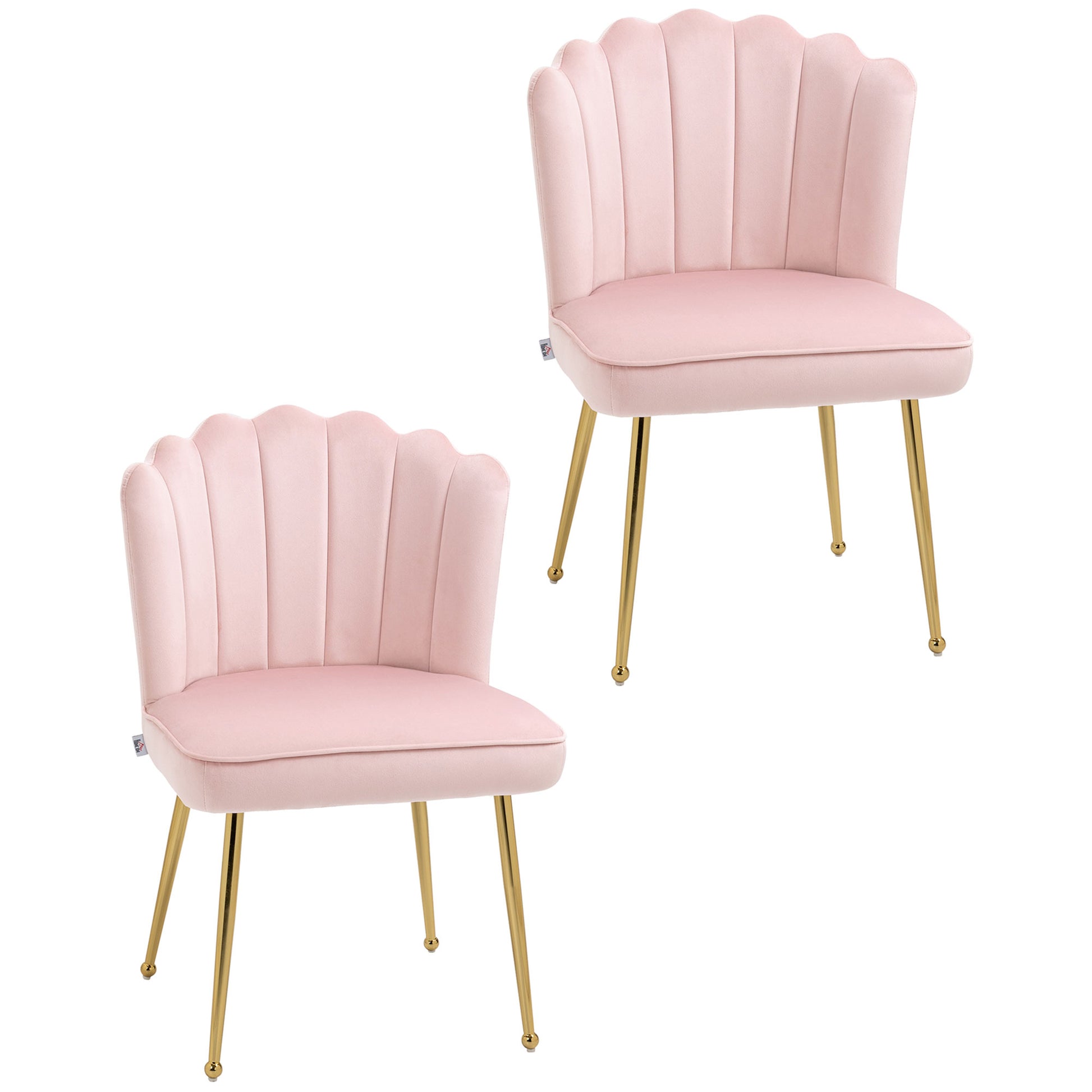 Photo of HOMCOM Shell Dining Chairs Set of 2, Upholstered Kitchen Chairs with Gold Metal Legs and Backrest, Velvet Fabric Lounge Leisure Chairs for Living Room, Reception Room, Pink in Pink colour on a white background