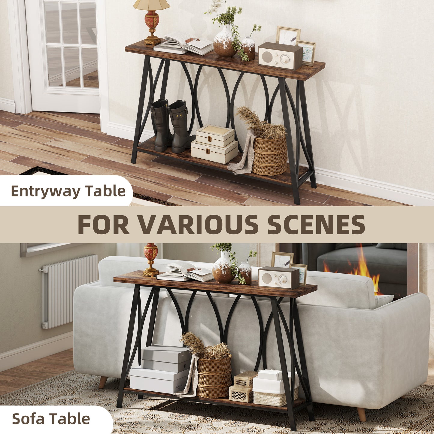 HOMCOM Narrow Console Table, Industrial 2-Tier Sofa Table with Metal Frame for Entryway, Living Room, 120x30x80cm, Rustic Brown