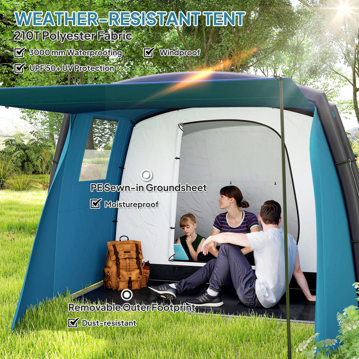 Outsunny Inflatable 3 Man Tunnel Tent w/ Air Pump, Living Area & Vestibule, Waterproof Family Camping Air Tent, Groundsheet, Removable Footprint for Hiking, 440L x 280W x 195Hcm, Blue