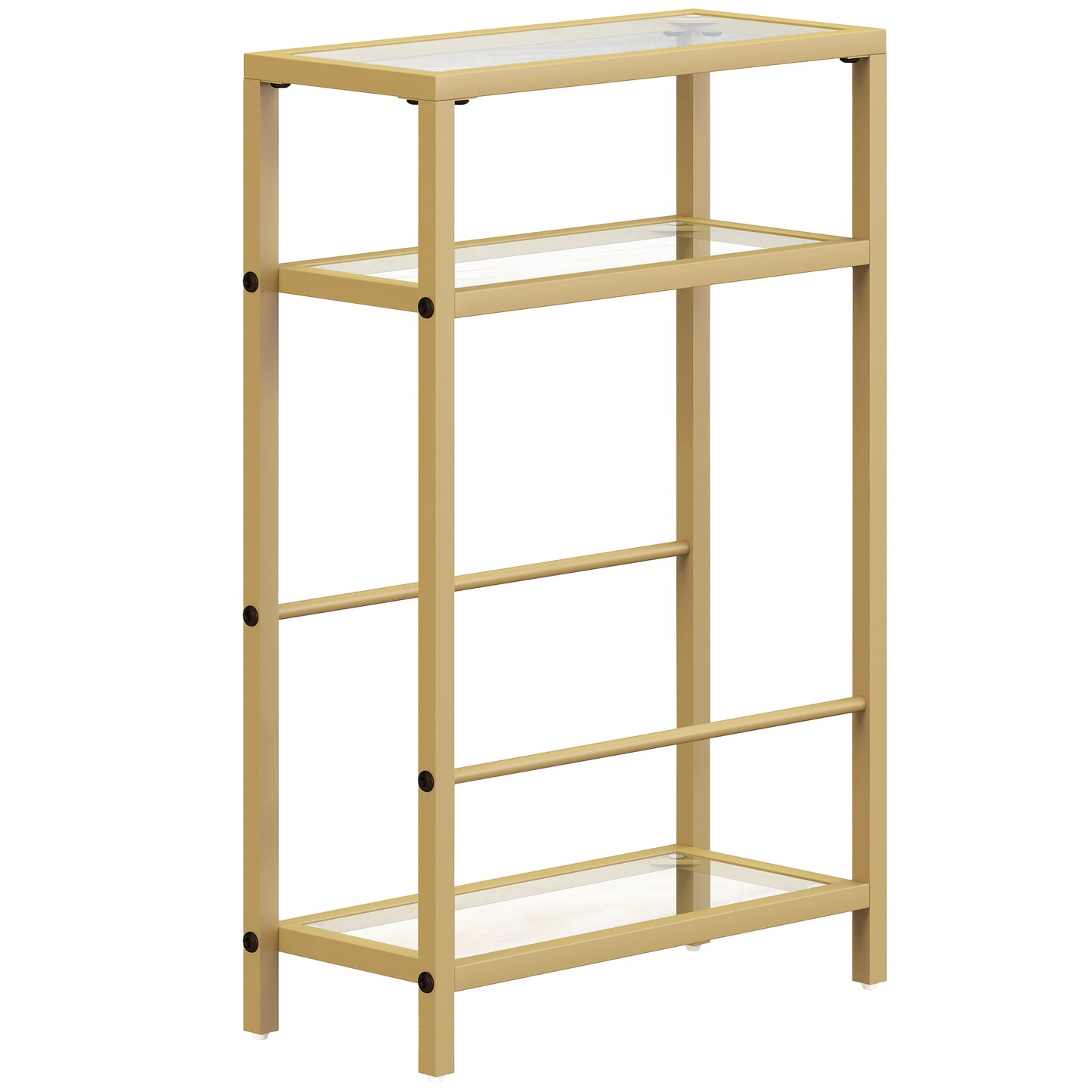 Photo of HOMCOM 3-Tier Side Table, Narrow End Table with Storage Shelf and Tempered Glass Tabletop for Small Spaces, Bedroom, Living Room, Entryway, Gold Tone in Tone colour on a white background