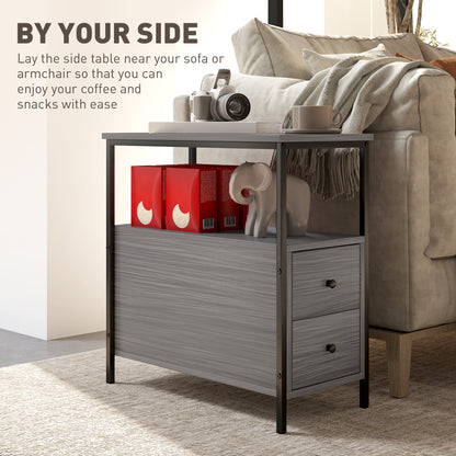 Grey wood-grain side table with two drawers and open shelf beside a sofa