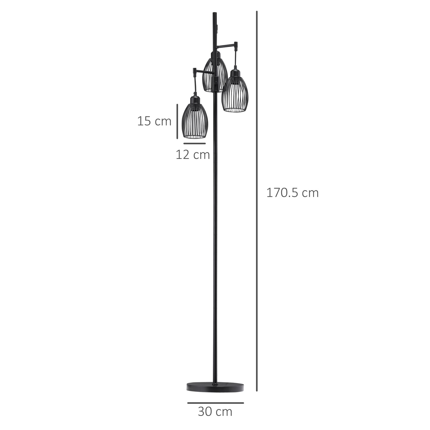 HOMCOM 3-Light Floor Lamp, 170cm Industrial Dimmable Standing Lamp with Steel Wire Cage Lampshades for Living Room, Bedroom, Dining Room, Study, Bulb Not Included, Black