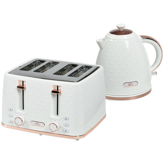 White HOMCOM kettle and four-slice toaster set with rose-gold trim and textured finish