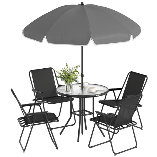 Photo of Outsunny 4 Seater Garden Furniture Set, 6 Pieces Garden Table and Chairs with Parasol for Patio, Black in Black colour on a white background