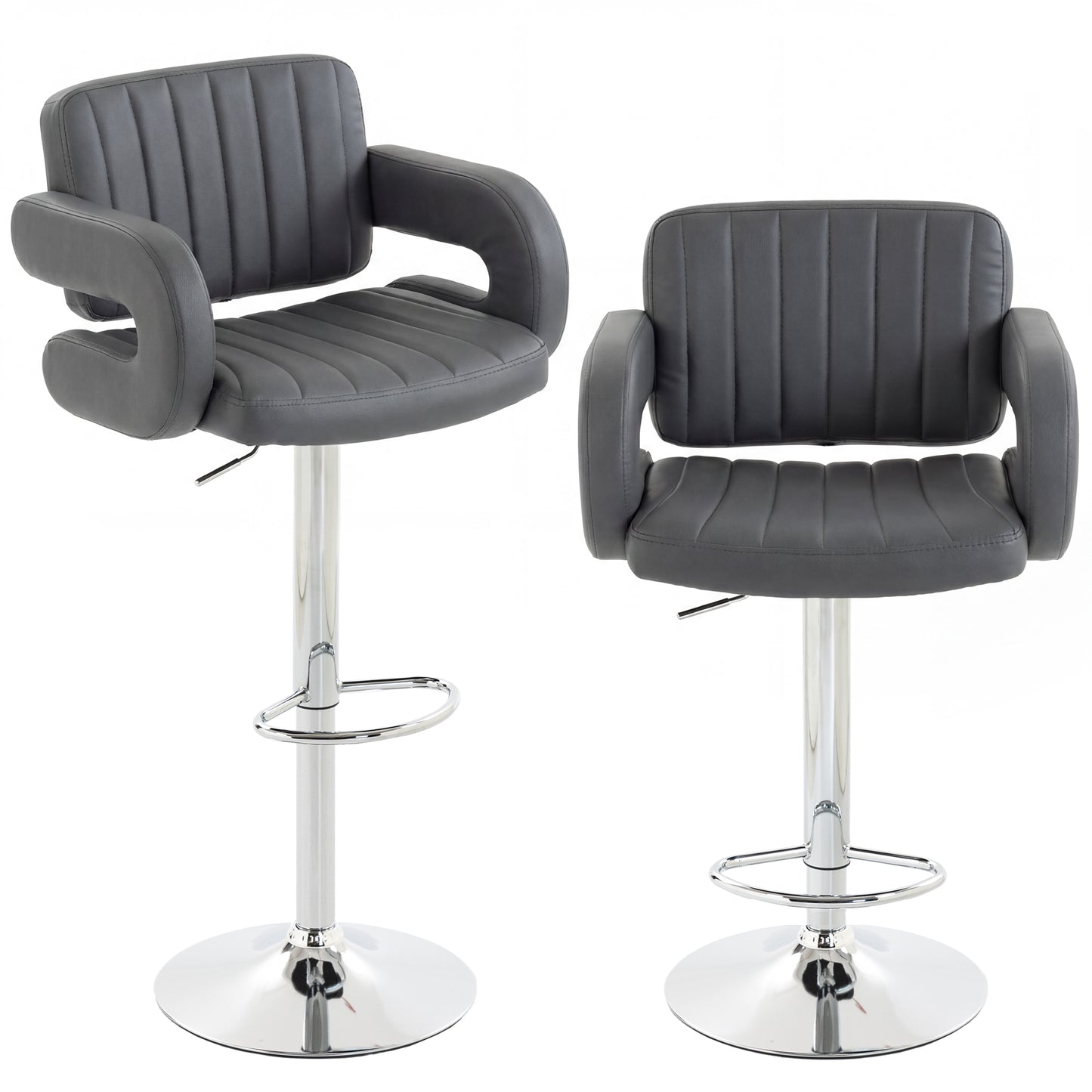 Photo of HOMCOM Bar Stools Adjustable Swivel Kitchen Chairs with Backrest Armrest Set of 2 PU Leather Grey in Grey colour on a white background