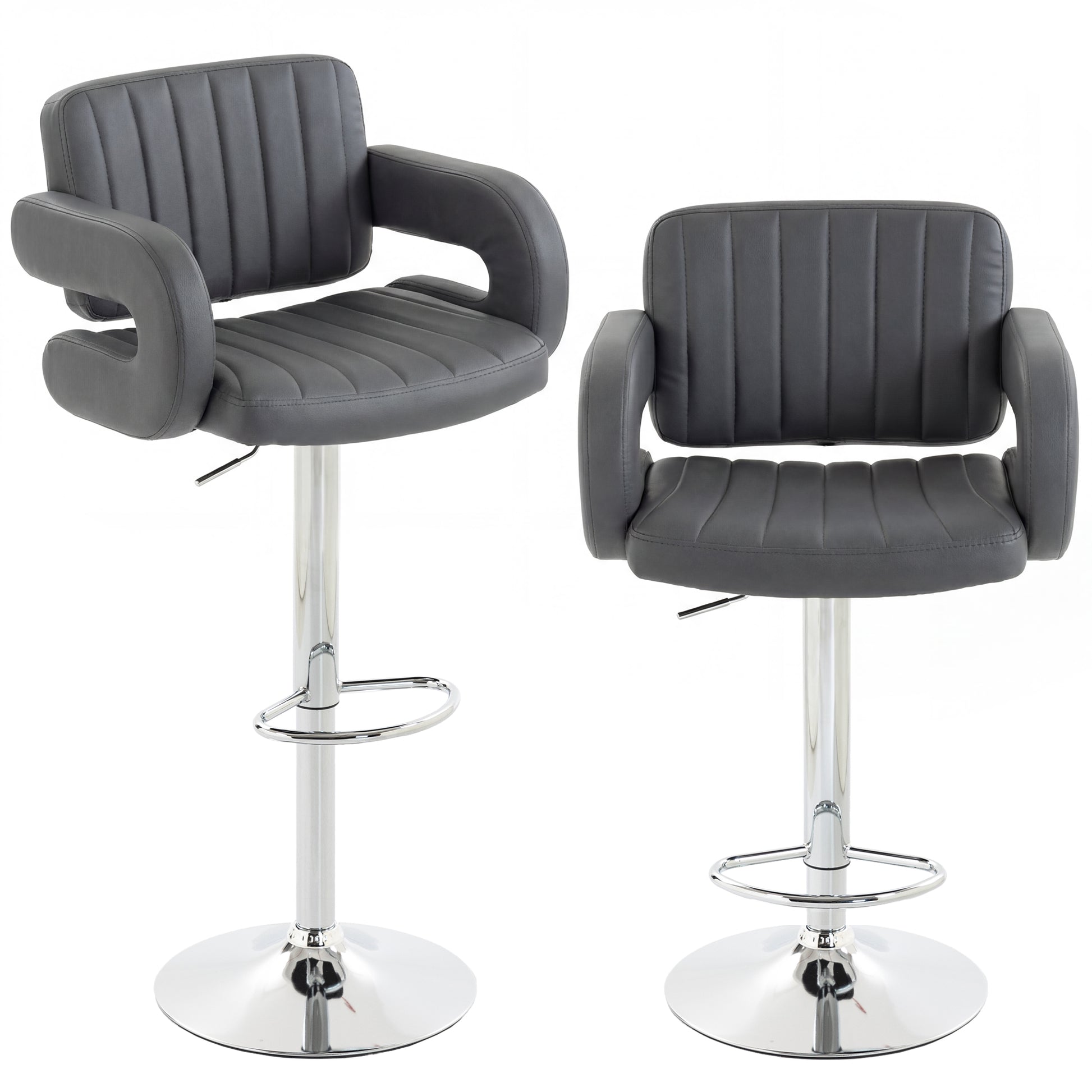 Photo of HOMCOM Bar Stools Adjustable Swivel Kitchen Chairs with Backrest Armrest Set of 2 PU Leather Grey in Grey colour on a white background