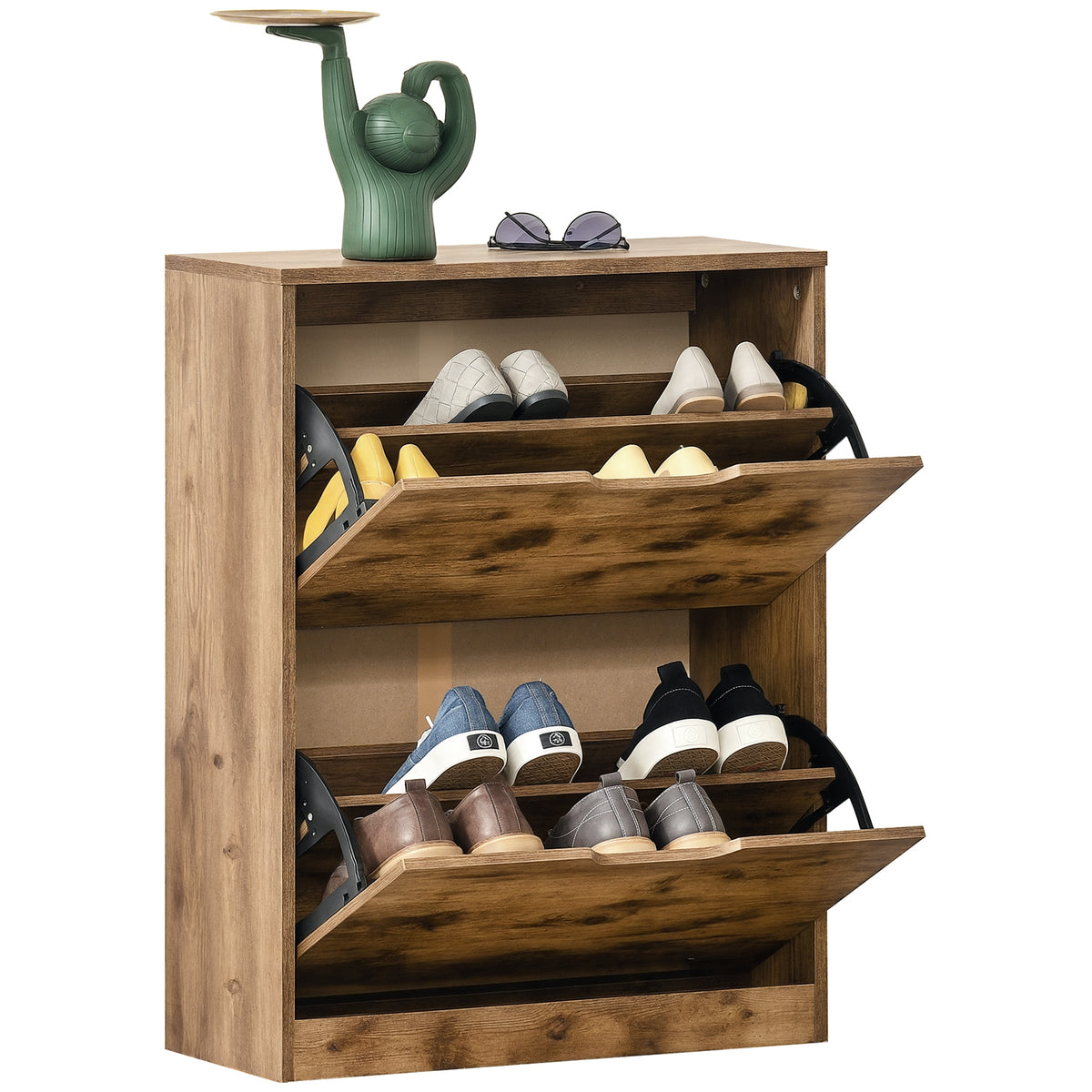 HOMCOM shoe cabinet with two open flip drawers showing shoe storage shelves.