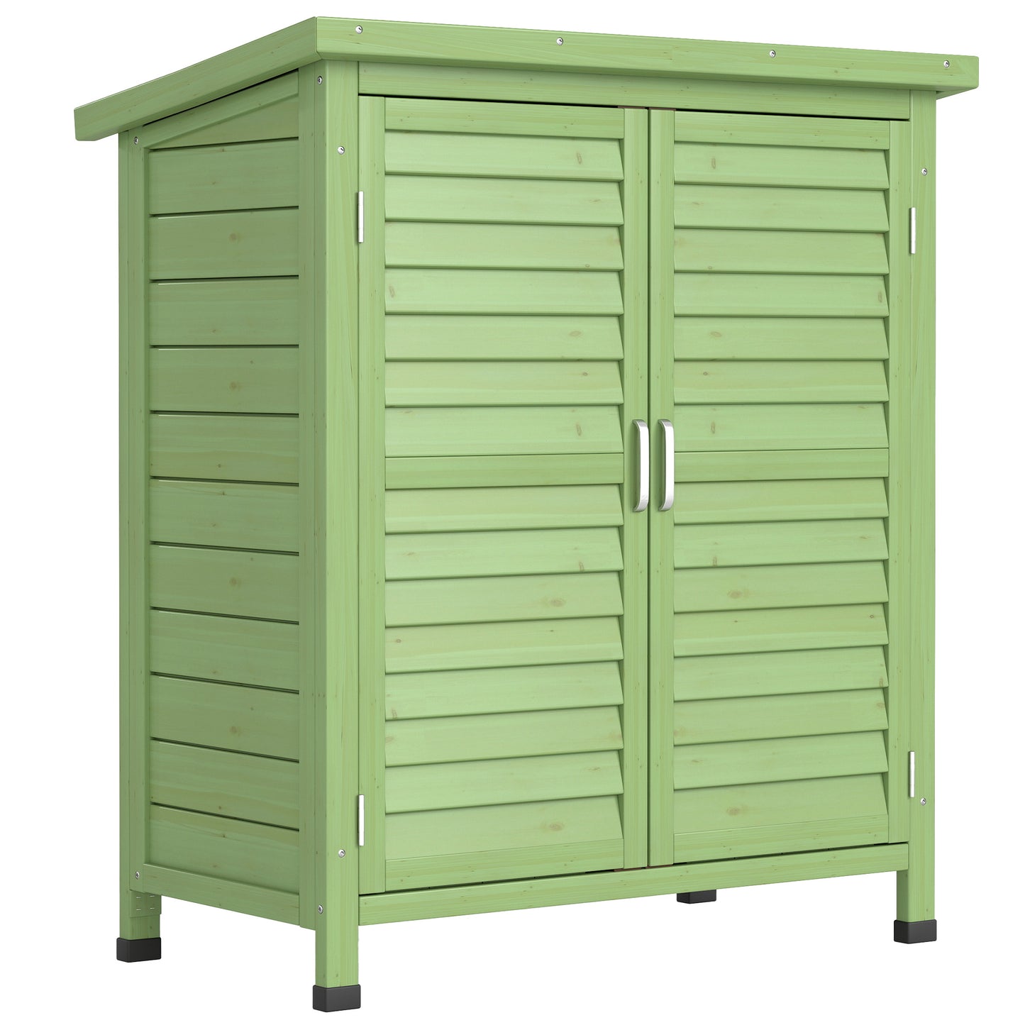 Photo of Outsunny Garden Shed Wooden Garden Storage Shed 2 Door Unit Solid Fir Wood Garage Tool Organisation Cabinet, 87L x 46.5W x 96.5Hcm, Green in Green colour on a white background