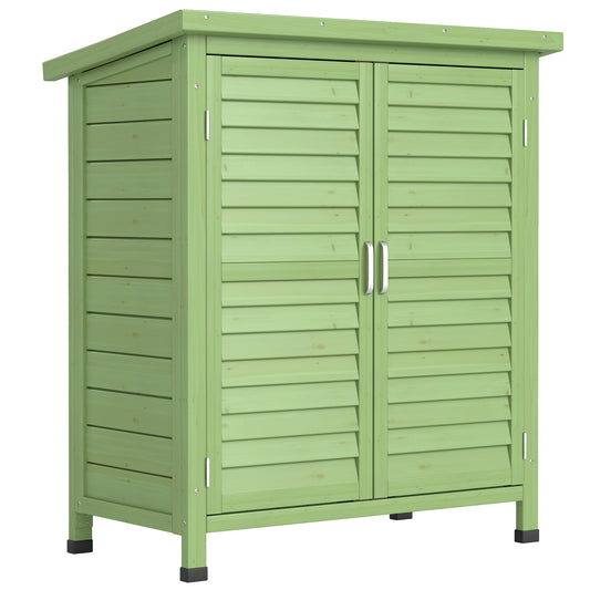 Photo of Outsunny Garden Shed Wooden Garden Storage Shed 2 Door Unit Solid Fir Wood Garage Tool Organisation Cabinet, 87L x 46.5W x 96.5Hcm, Green in Green colour on a white background
