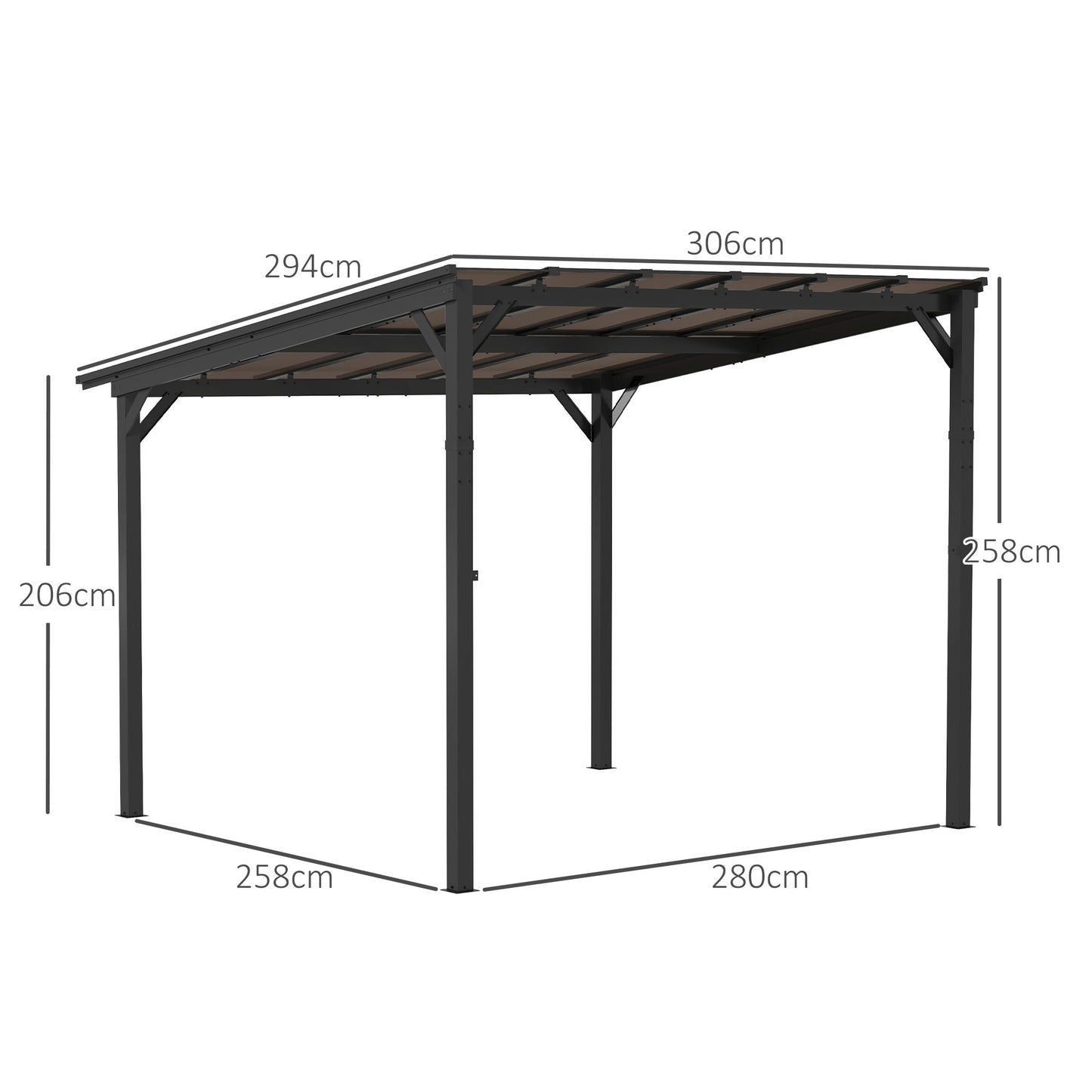 Outsunny 3 x 3 m Lean to Pergola with UPF 50+ Waterproof Polycarbonate Roof, Wall-Mounted or Free Standing Hardtop Roof Garden Metal Pergola Gazebo, Heavy Duty Outdoor Sun Shade, Dark Grey
