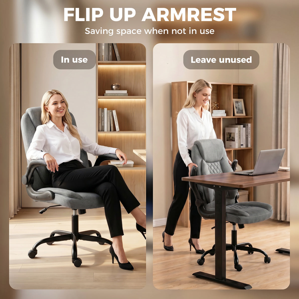 HOMCOM Linen-Look Computer Desk Chair, Executive Office Chair with Flip-Up Armrests and Thick Cushion, Grey