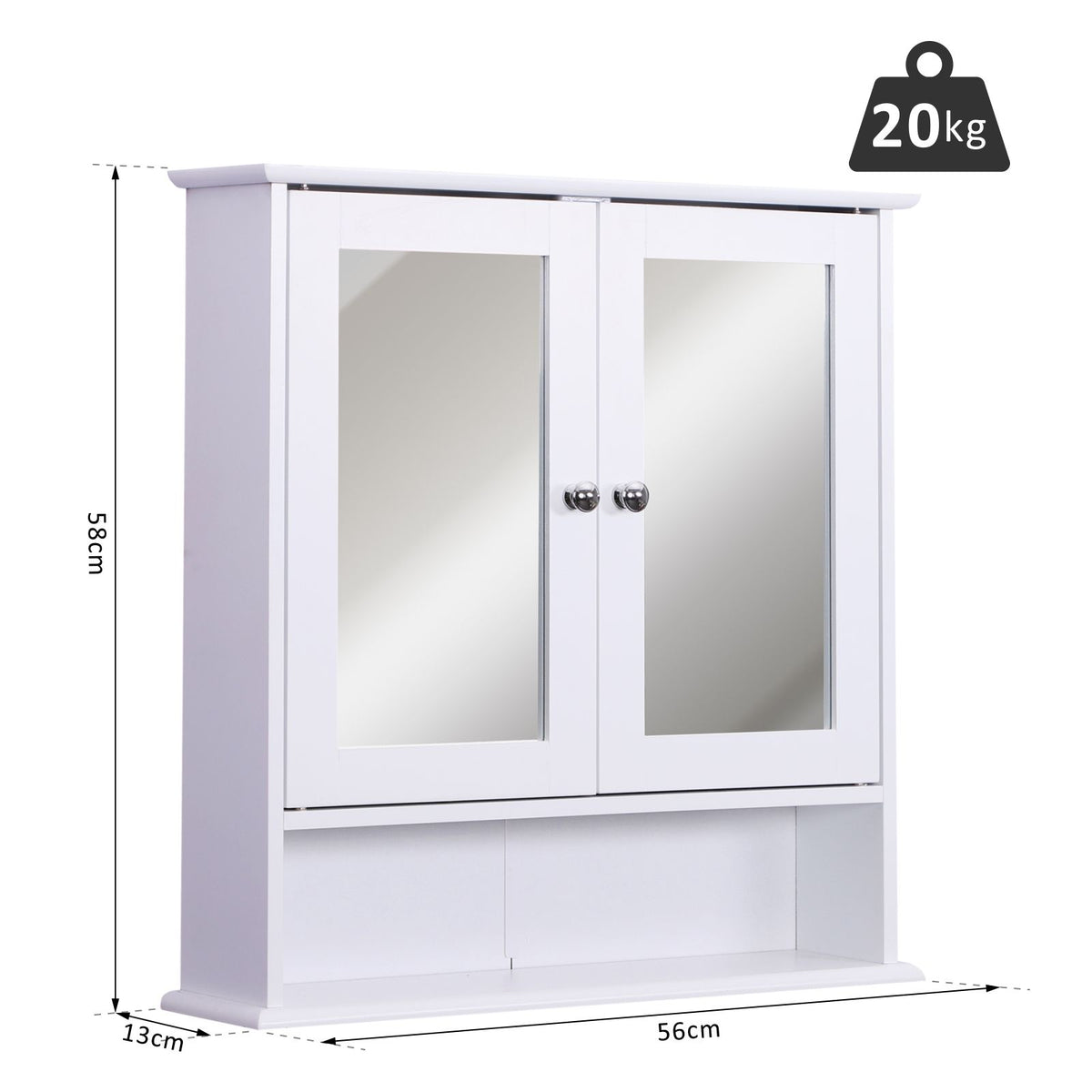 White mirrored bathroom cabinet with open lower shelf, measuring 56 cm wide and 58 cm high