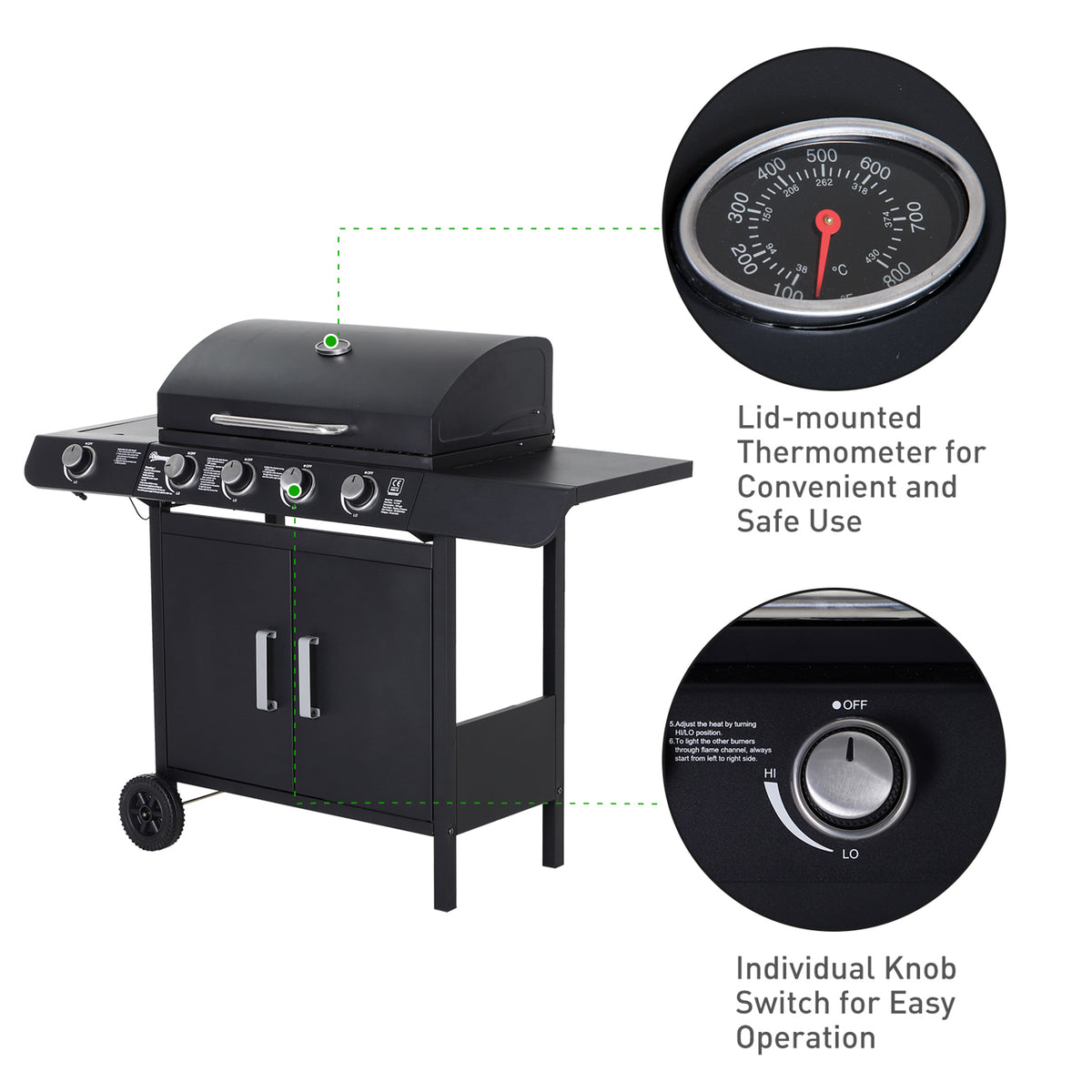 Black gas BBQ grill with closed lid, lid-mounted thermometer and individual burner knobs