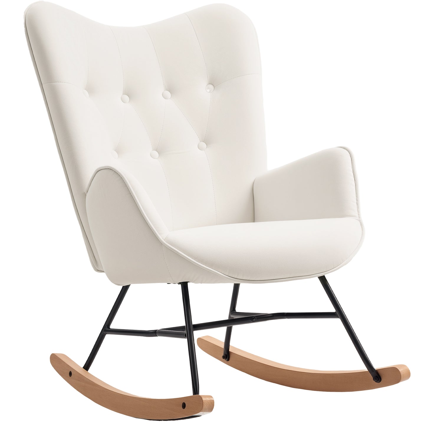 Photo of HOMCOM Rocking Chair, Modern Upholstered Velvet Armchair with Solid Wood Legs and Metal Frame for Living Room, Bedroom, Cream in Cream colour on a white background