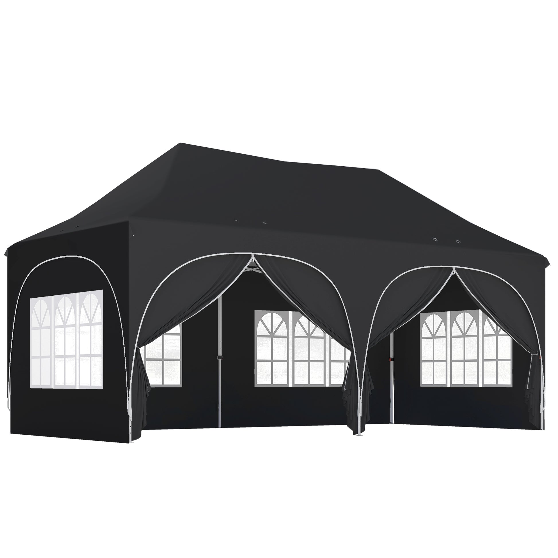 Photo of Outsunny 3 x 6m Pop Up Gazebo Shelter with Sides, 6 Sandbags, Peak Top Garden Party Tent Marquee with Carry Bag, Black in Black colour on a white background