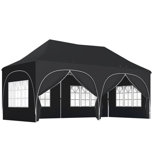 Photo of Outsunny 3 x 6m Pop Up Gazebo Shelter with Sides, 6 Sandbags, Peak Top Garden Party Tent Marquee with Carry Bag, Black in Black colour on a white background
