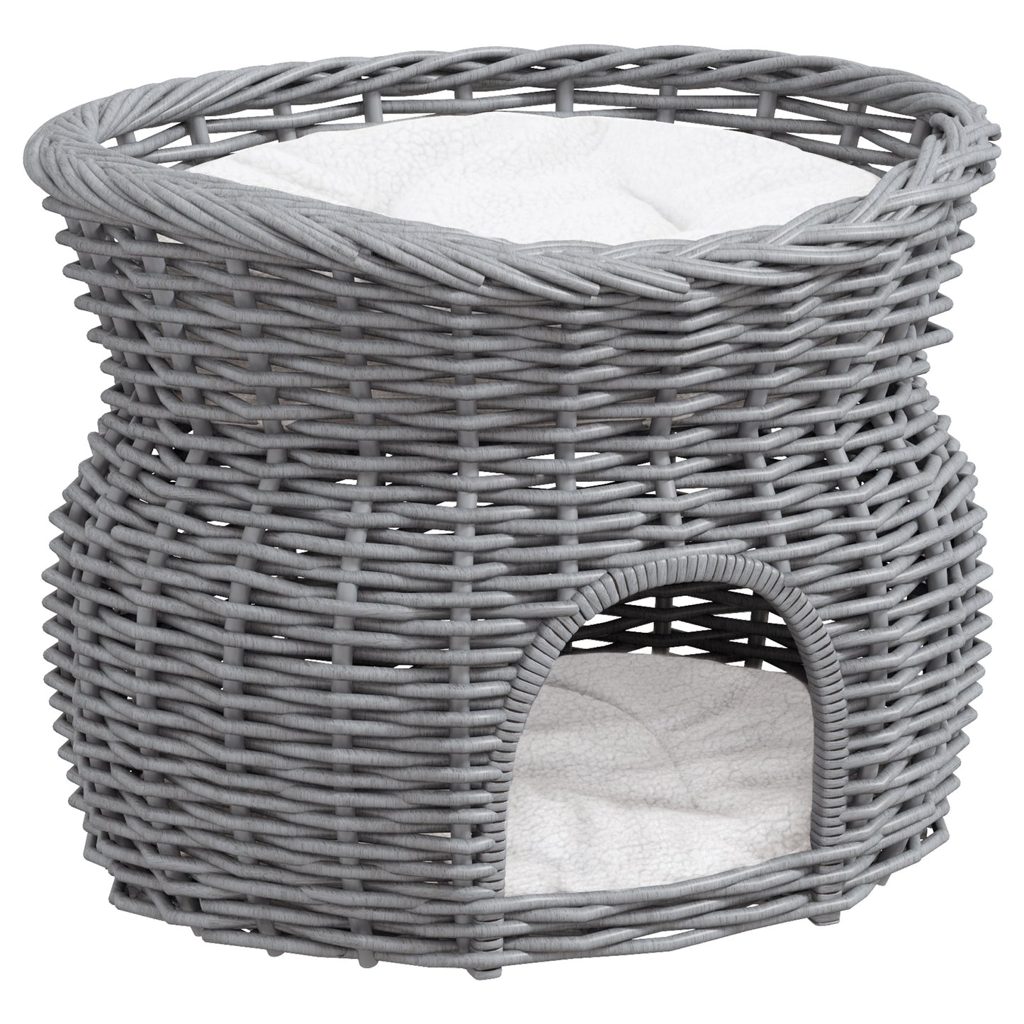 Photo of PawHut 2-Tier Wicker Cat House Elevated Pet Bed Basket Willow Kitten Tower Pet Den. with Washable Cushions 56x37x40cm Grey in Grey colour on a white background