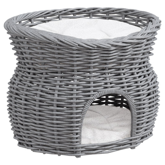 Photo of PawHut 2-Tier Wicker Cat House Elevated Pet Bed Basket Willow Kitten Tower Pet Den. with Washable Cushions 56x37x40cm Grey in Grey colour on a white background