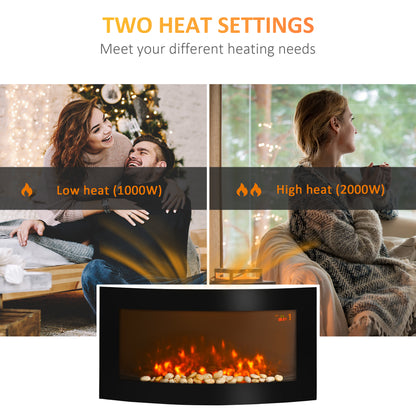 HOMCOM curved electric wall fireplace with glowing flame and decorative stone bed
