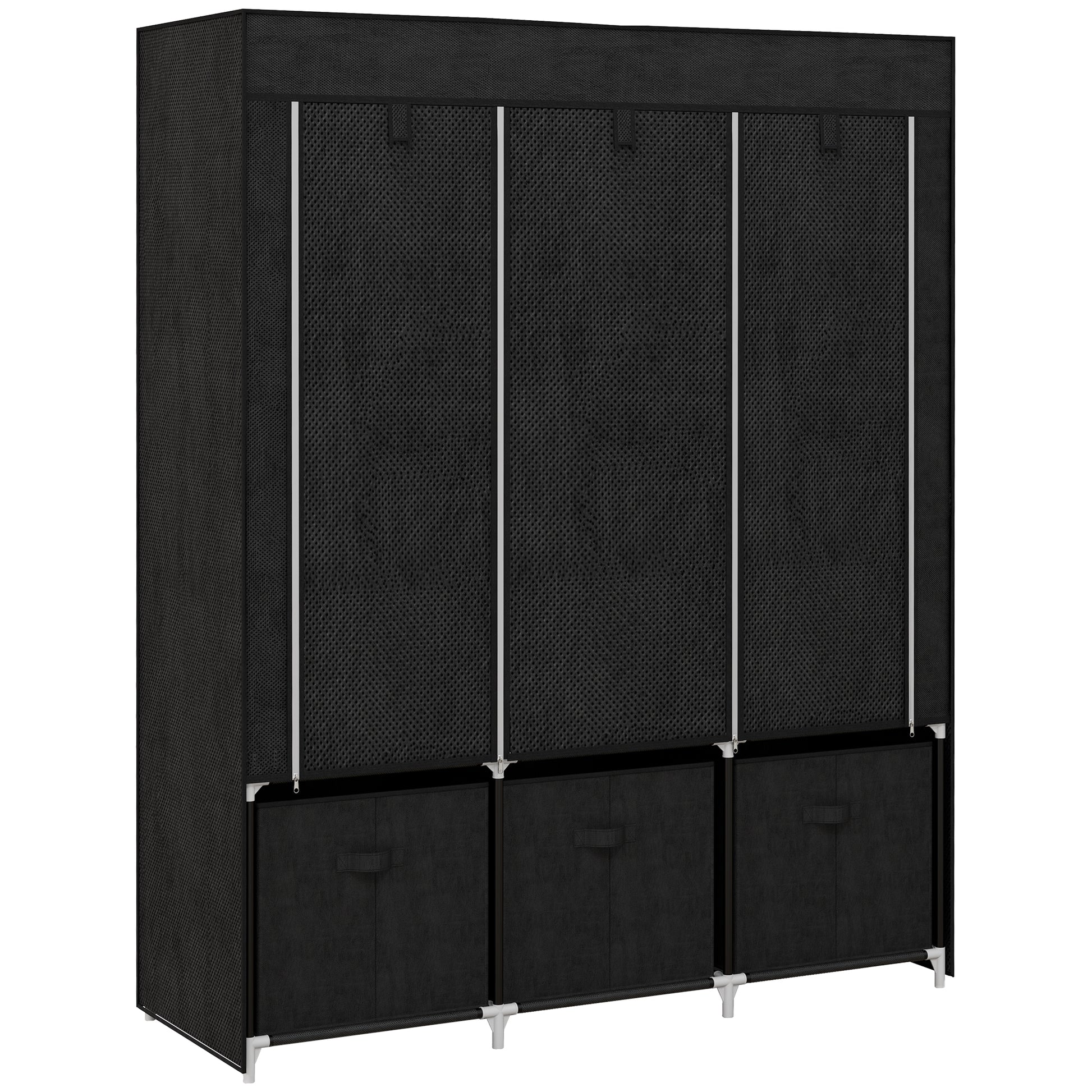Photo of HOMCOM Foldable Fabric Wardrobe for Bedroom, Portable Wardrobe with 5 Shelves, 2 Hanging Rails and 3 Fabric Drawers, Black in Black colour on a white background
