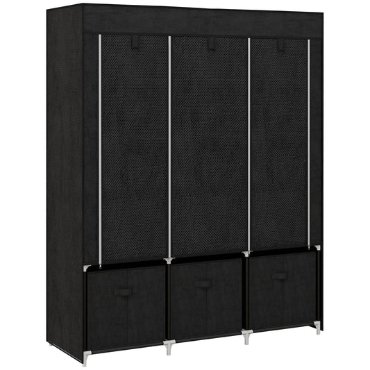 Photo of HOMCOM Foldable Fabric Wardrobe for Bedroom, Portable Wardrobe with 5 Shelves, 2 Hanging Rails and 3 Fabric Drawers, Black in Black colour on a white background