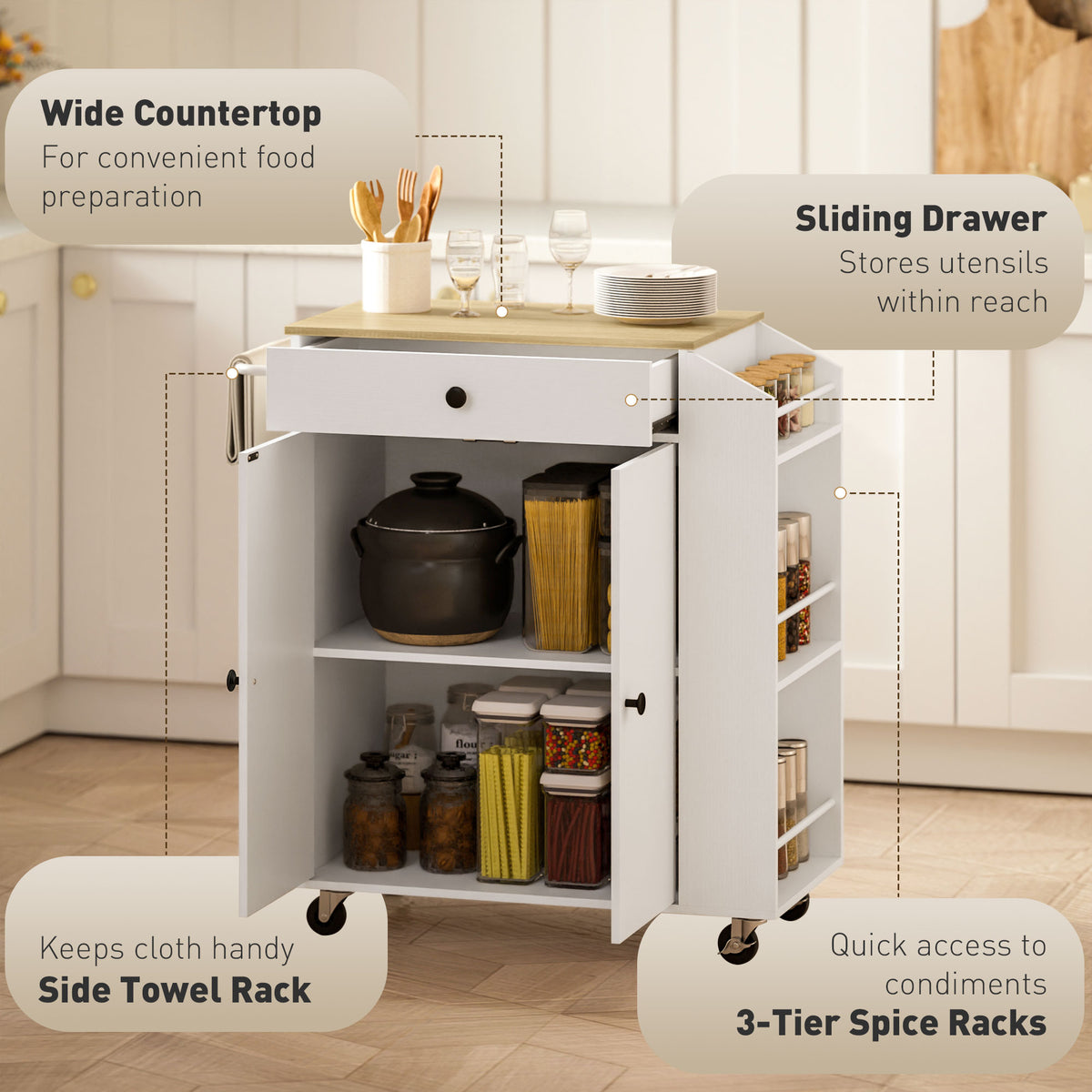 Kitchen storage cart with open cabinet, sliding drawer, side spice racks and towel bar