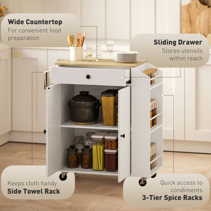 Kitchen storage cart with open cabinet, sliding drawer, side spice racks and towel bar