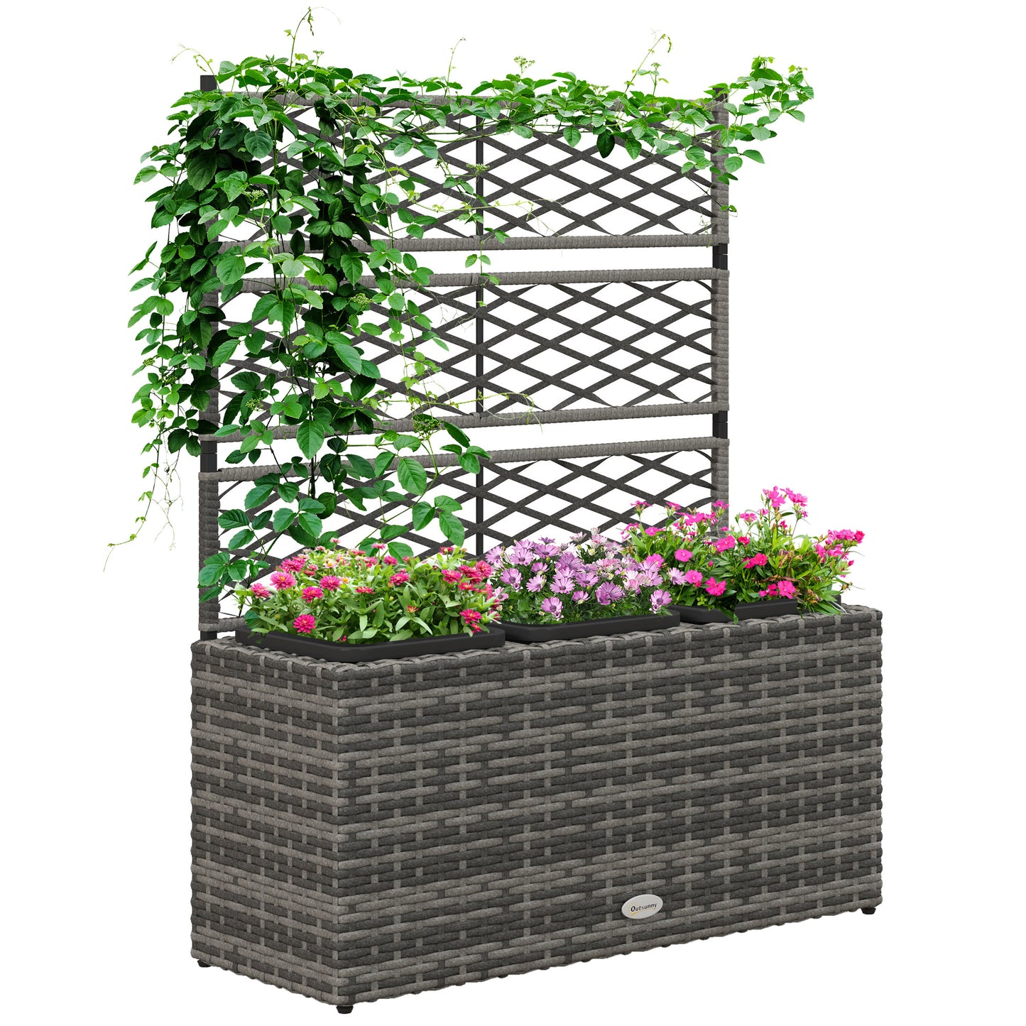 Photo of Outsunny 33L Garden PE Rattan Planter with Trellis, Free Standing Flower Raised Bed for Garden, Garden Planter for Climbing Plants, 84cm x 30cm x 107cm, Light Grey in Grey colour on a white background