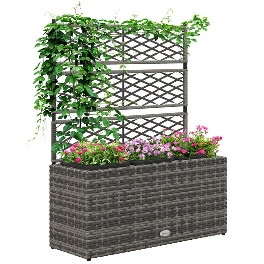 Photo of Outsunny 33L Garden PE Rattan Planter with Trellis, Free Standing Flower Raised Bed for Garden, Garden Planter for Climbing Plants, 84cm x 30cm x 107cm, Light Grey in Grey colour on a white background