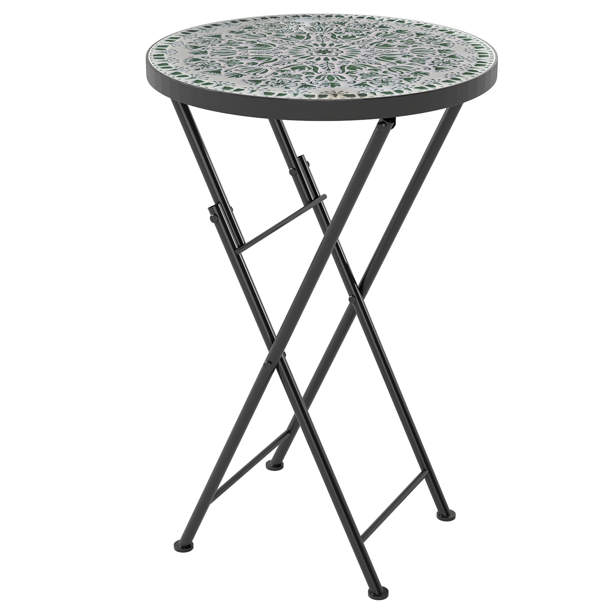 Photo of Outsunny Mosaic Outdoor Garden Table, 35.5cm Round Folding Coffee Table with Metal Frame for Balcony Terrace, Green in Green colour on a white background