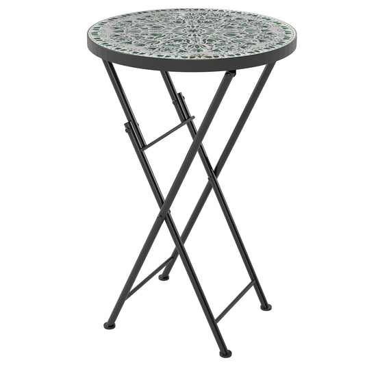 Photo of Outsunny Mosaic Outdoor Garden Table, 35.5cm Round Folding Coffee Table with Metal Frame for Balcony Terrace, Green in Green colour on a white background