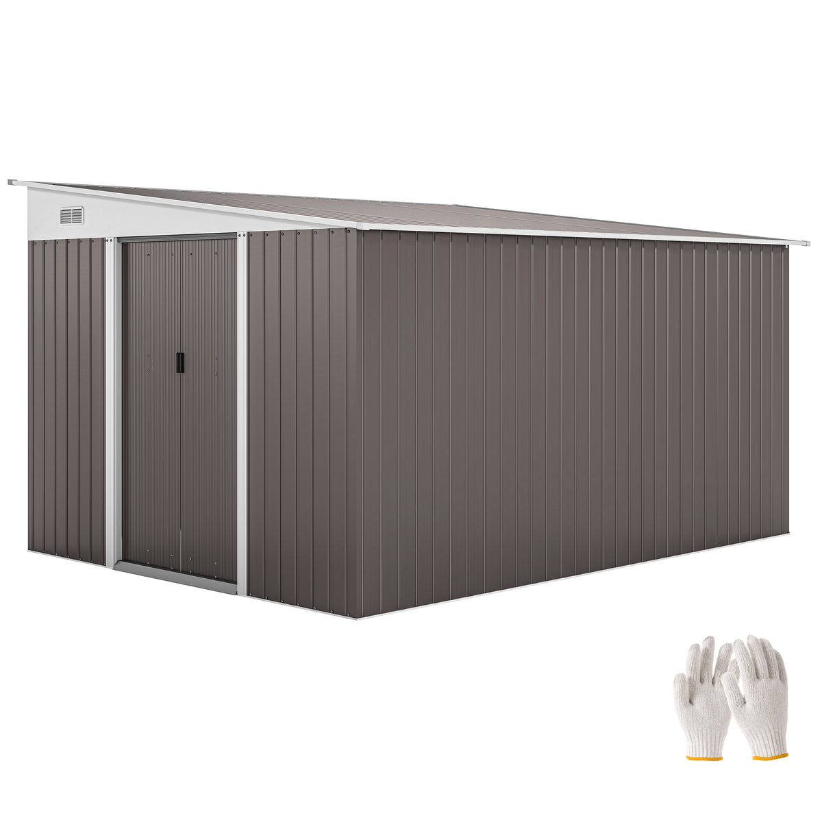 Grey galvanized metal garden shed with a sloped roof, single visible door, and air vent