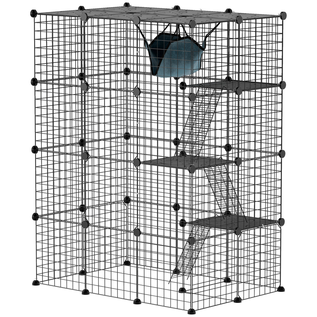 PawHut black four-tier cat cage with hammock, ramps, and platforms