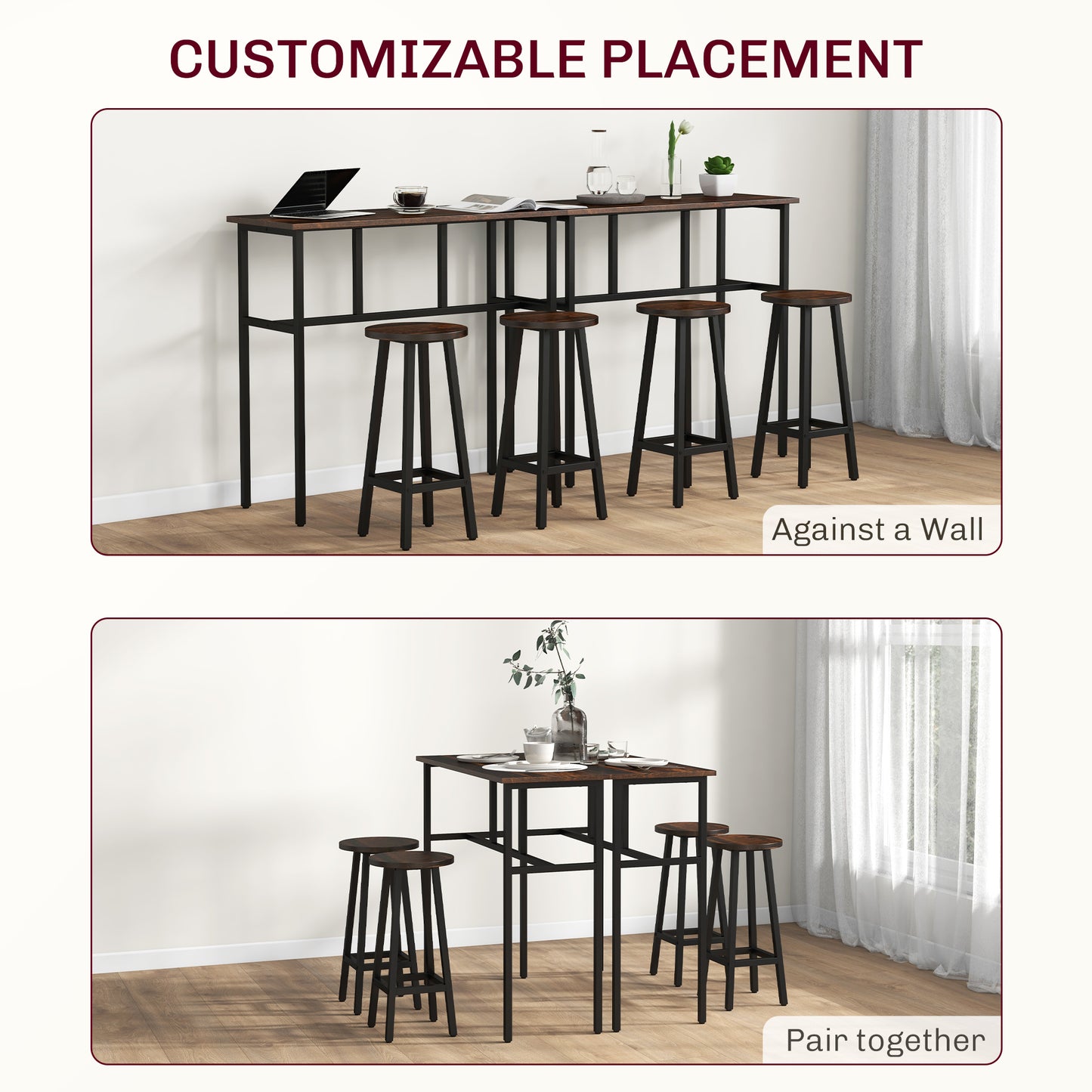 HOMCOM 6-Piece Industrial Bar Table Set, 2 Breakfast Tables with 4 Stools Brown