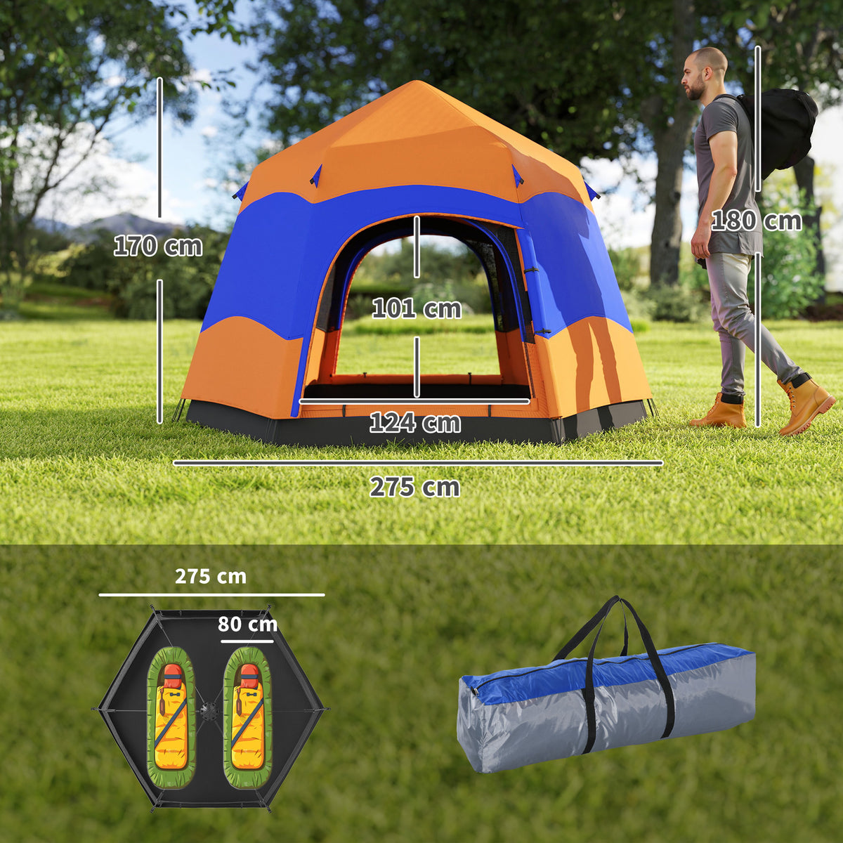 Outsunny 3 Man Instant Pop Up Tent with Rainfly, Portable Camping Shelter with Sewn-in Groundsheet, Carry Bag, Orange