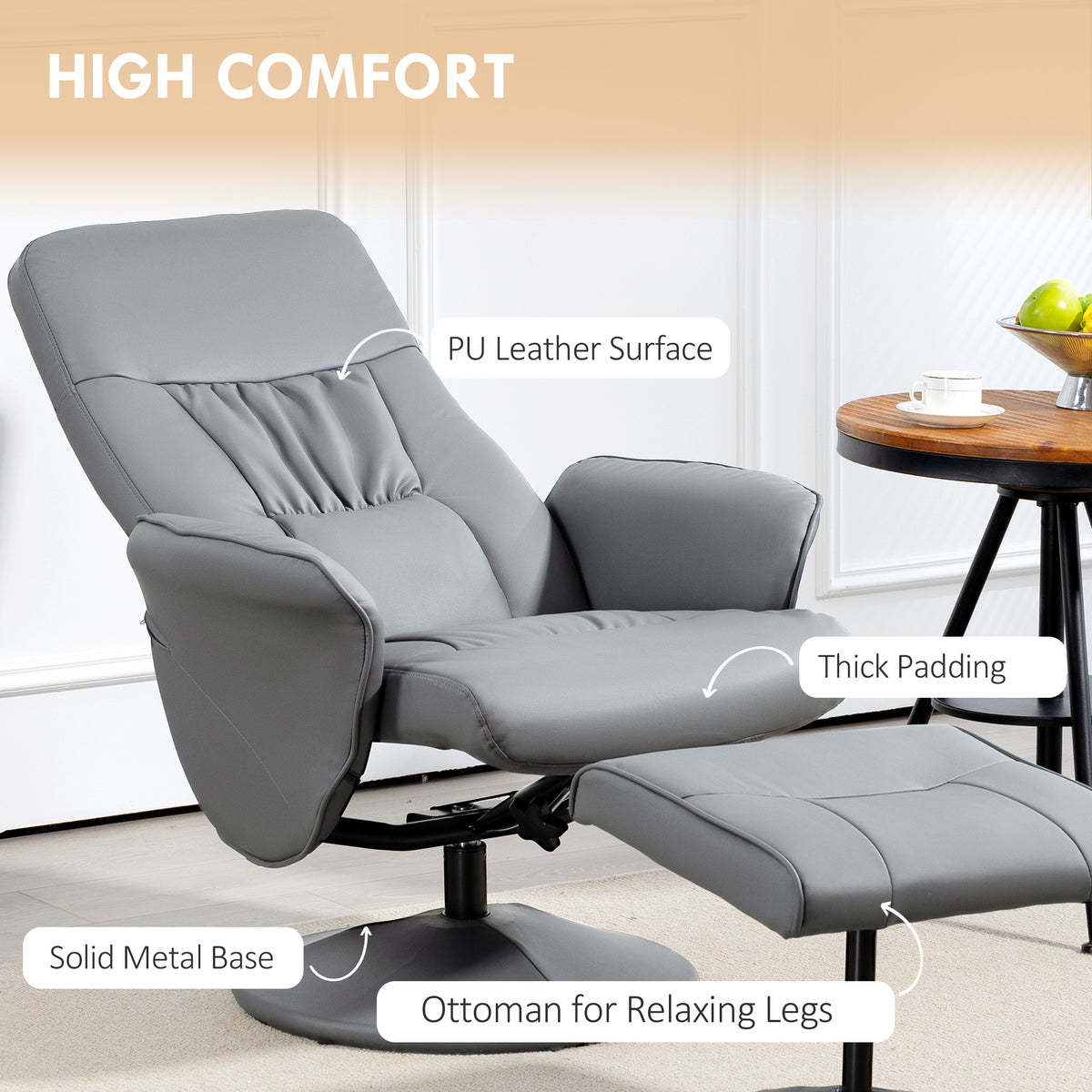 Light gray PU leather recliner with padded ottoman and metal base