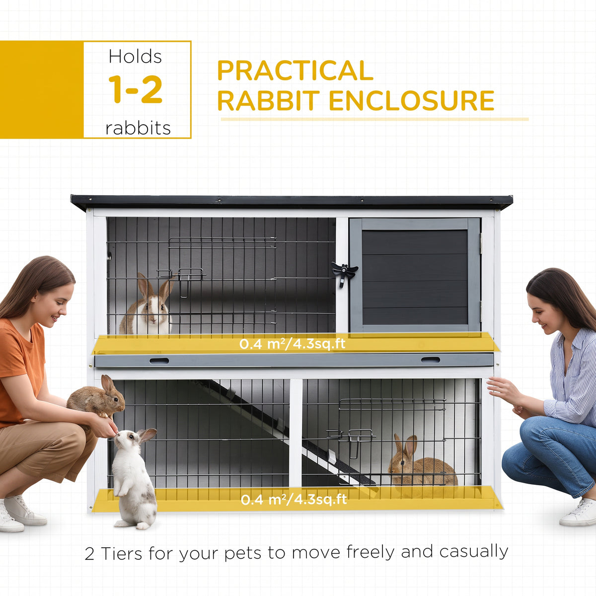 PawHut two-tier rabbit hutch with rabbits shown inside and 0.4 square meter per level