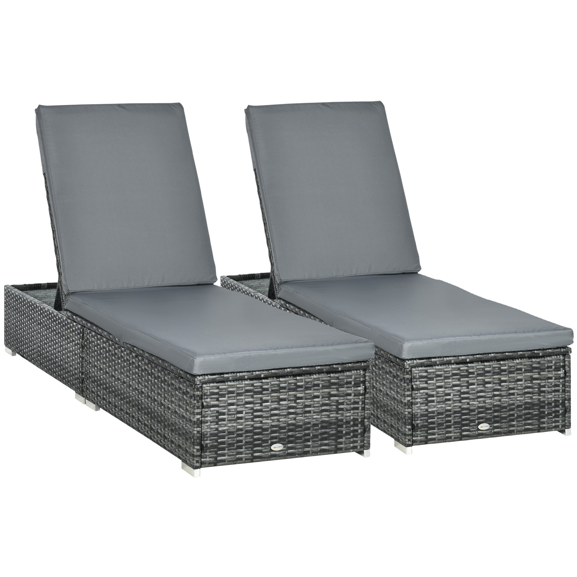Photo of Outsunny PE Rattan Sun Loungers set of 2 with Cushion, Outdoor 2 Pieces Garden Sunbed Furniture with 5-Level Recliner Backrest, Reclining Patio Wicker Bed Chair, Grey in Grey colour on a white background