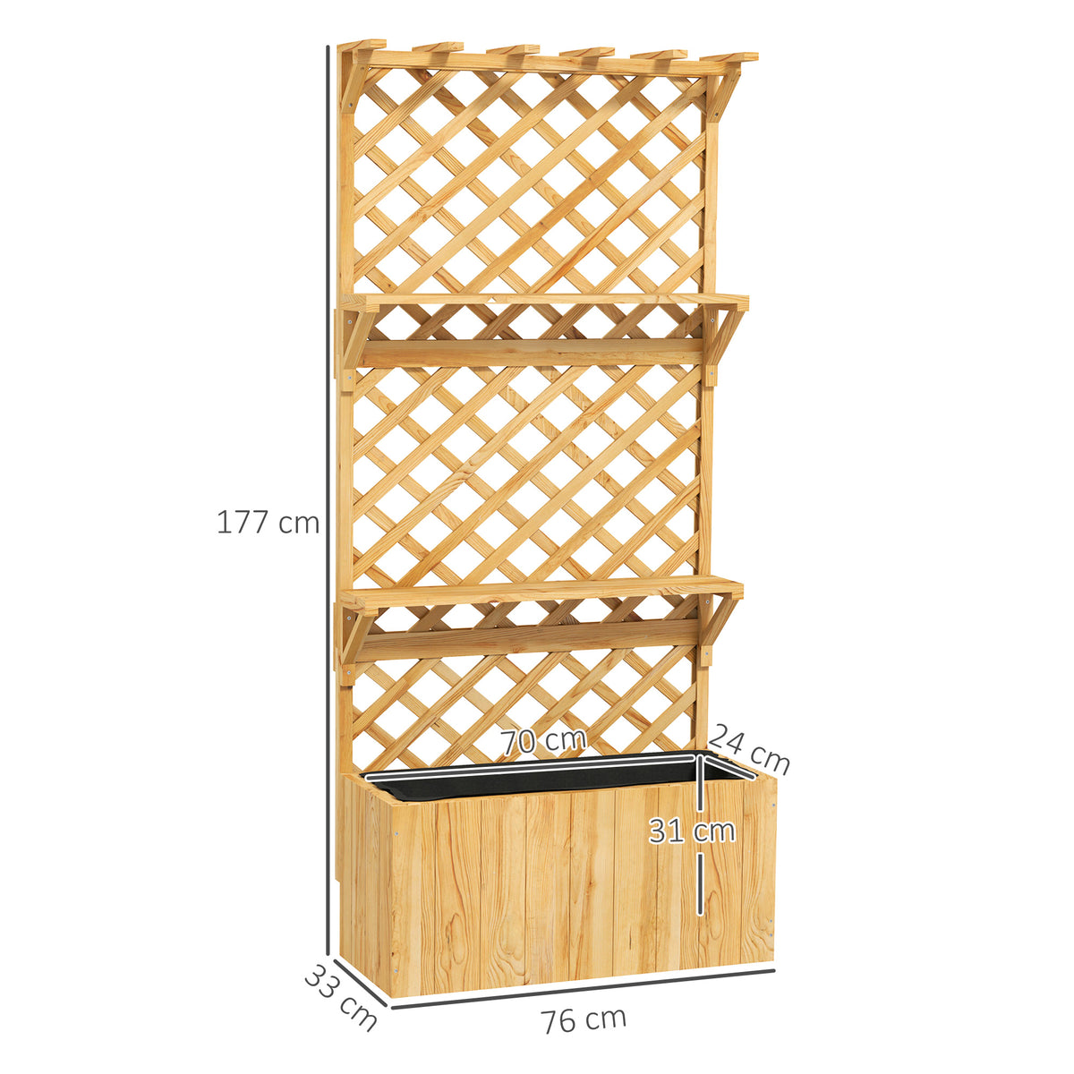 Wooden planter with trellis and shelves, shown with dimensions