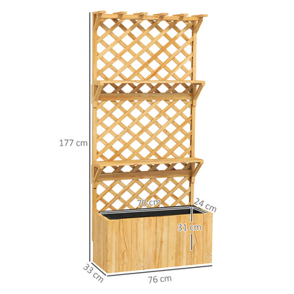 Wooden planter with trellis and shelves, shown with dimensions