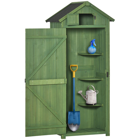 Photo of Outsunny Small Shed, Tall Slim Wooden Garden Shed with 3 Removable Shelves and Roof Hatch, Compact Outdoor Tool Storage Cabinet with Asphalt Roof and Door Latch, 77 x 54.2 x 179 cm, Green in Green colour on a white background