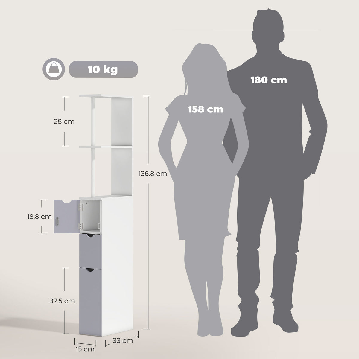 HOMCOM narrow bathroom cabinet with open shelves, a small cabinet, and bottom drawers; 136.8 cm tall
