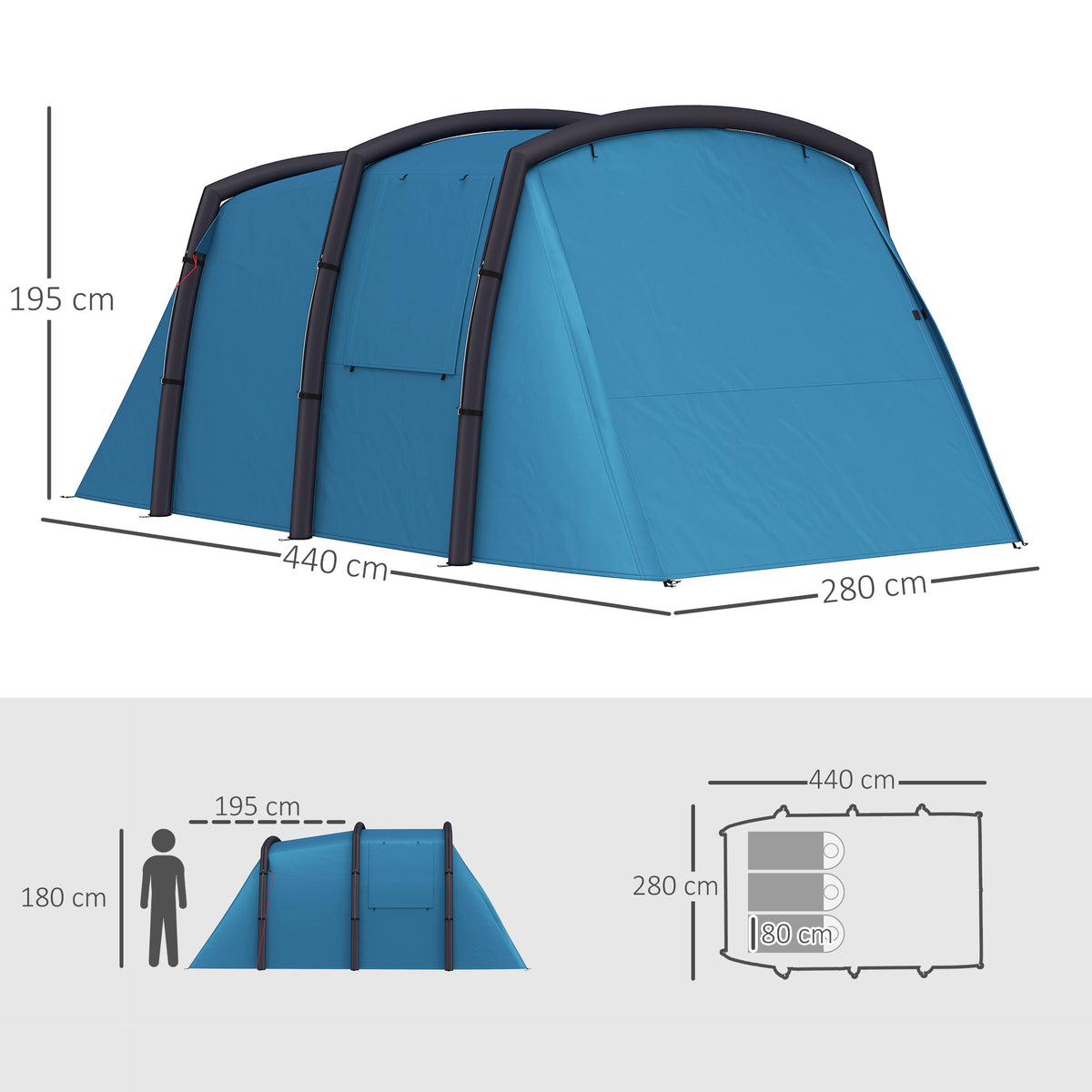Outsunny Inflatable 3 Man Tunnel Tent w/ Air Pump, Living Area & Vestibule, Waterproof Family Camping Air Tent, Groundsheet, Removable Footprint for Hiking, 440L x 280W x 195Hcm, Blue