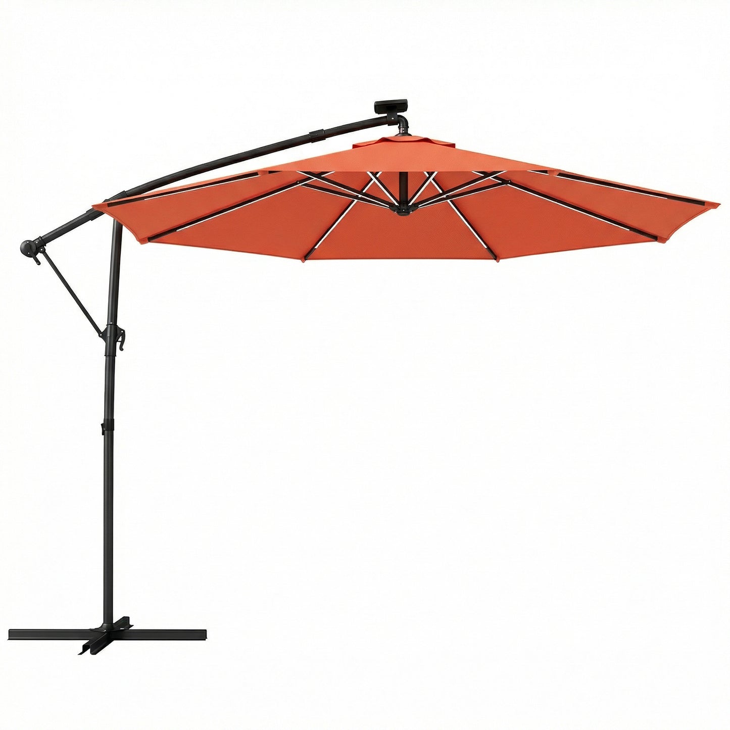 Photo of Outsunny 3 m Garden Cantilever Parasol with LED Solar Light, Round Overhanging Umbrella with 360° Rotation, Cover, Orange in Orange colour on a white background