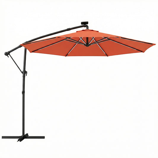 Photo of Outsunny 3 m Garden Cantilever Parasol with LED Solar Light, Round Overhanging Umbrella with 360° Rotation, Cover, Orange in Orange colour on a white background