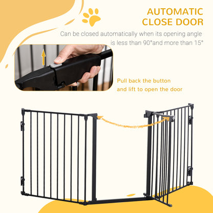 PawHut black metal gate with an automatic-closing door and lift-to-open latch